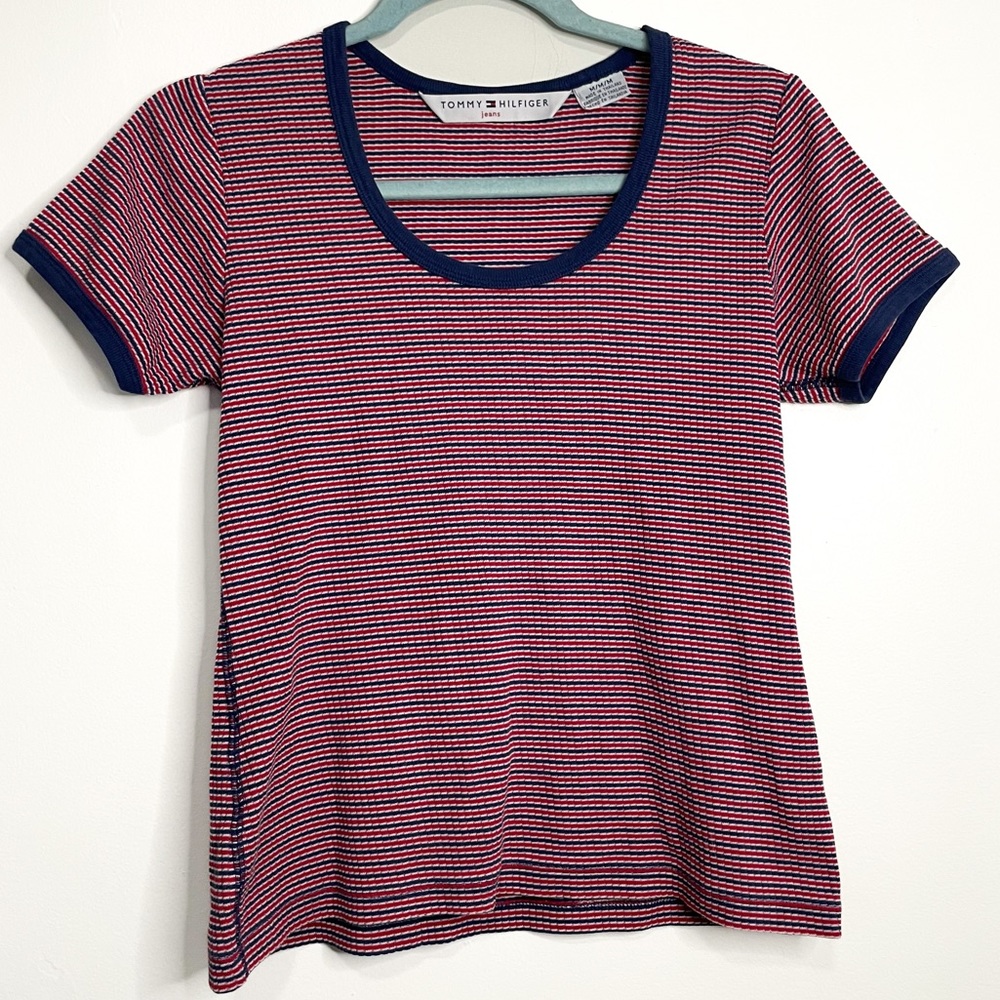 Y2K 2000s Retro Tommy Hilfiger Jeans Striped Scoop Neck Tee Shirt M Medium